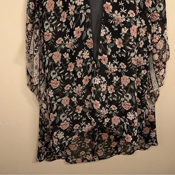 CL WALLFLOWER BLACK PINK KIMONO BLOUSE TOP OPEN FRONT FLOWY - Picture 4 of 12